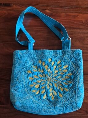 Turquoise Quilted Tote with Gold Floral Stitching